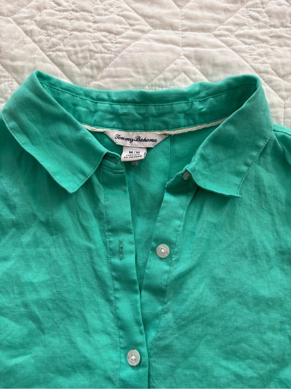 Tommy Bahama Teal Green Linen Button-Up Blouse